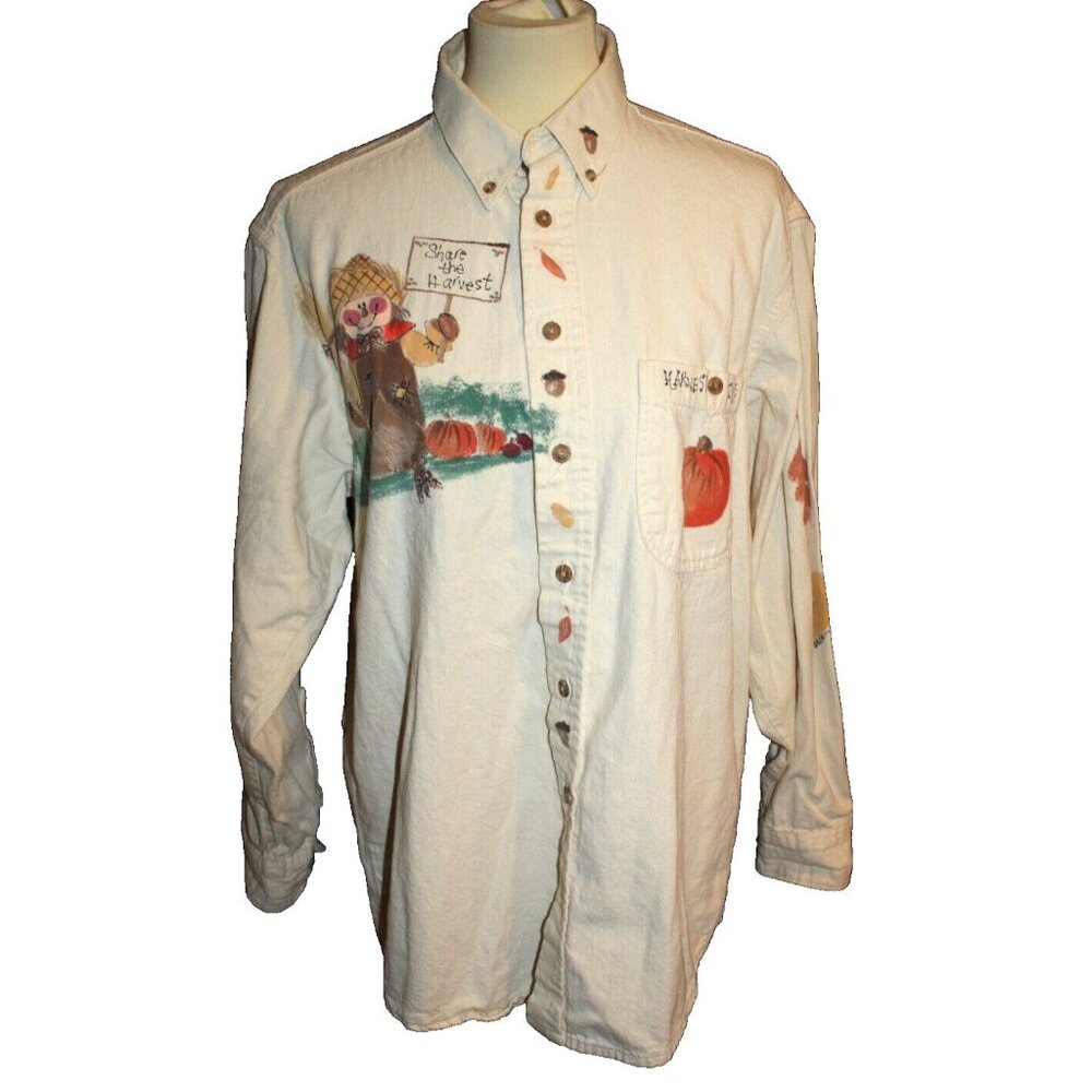 Three Rivers Hand Painted Womans Shirt Blouse Size M Medium Fall Beige Oversized